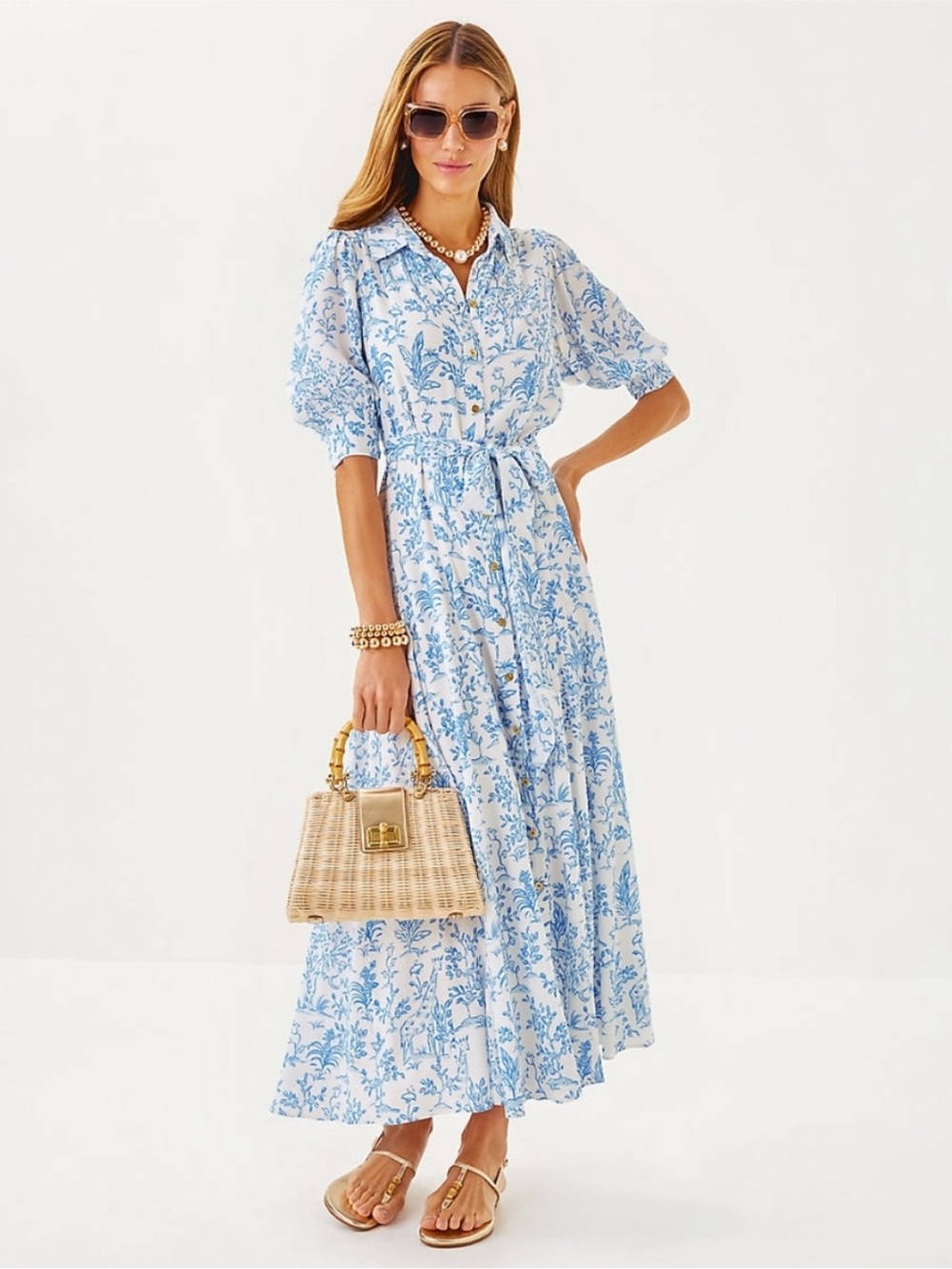 Lilly Pulitzer Larkyn Midi Shirtdress Blue and White Floral Maxi size 00